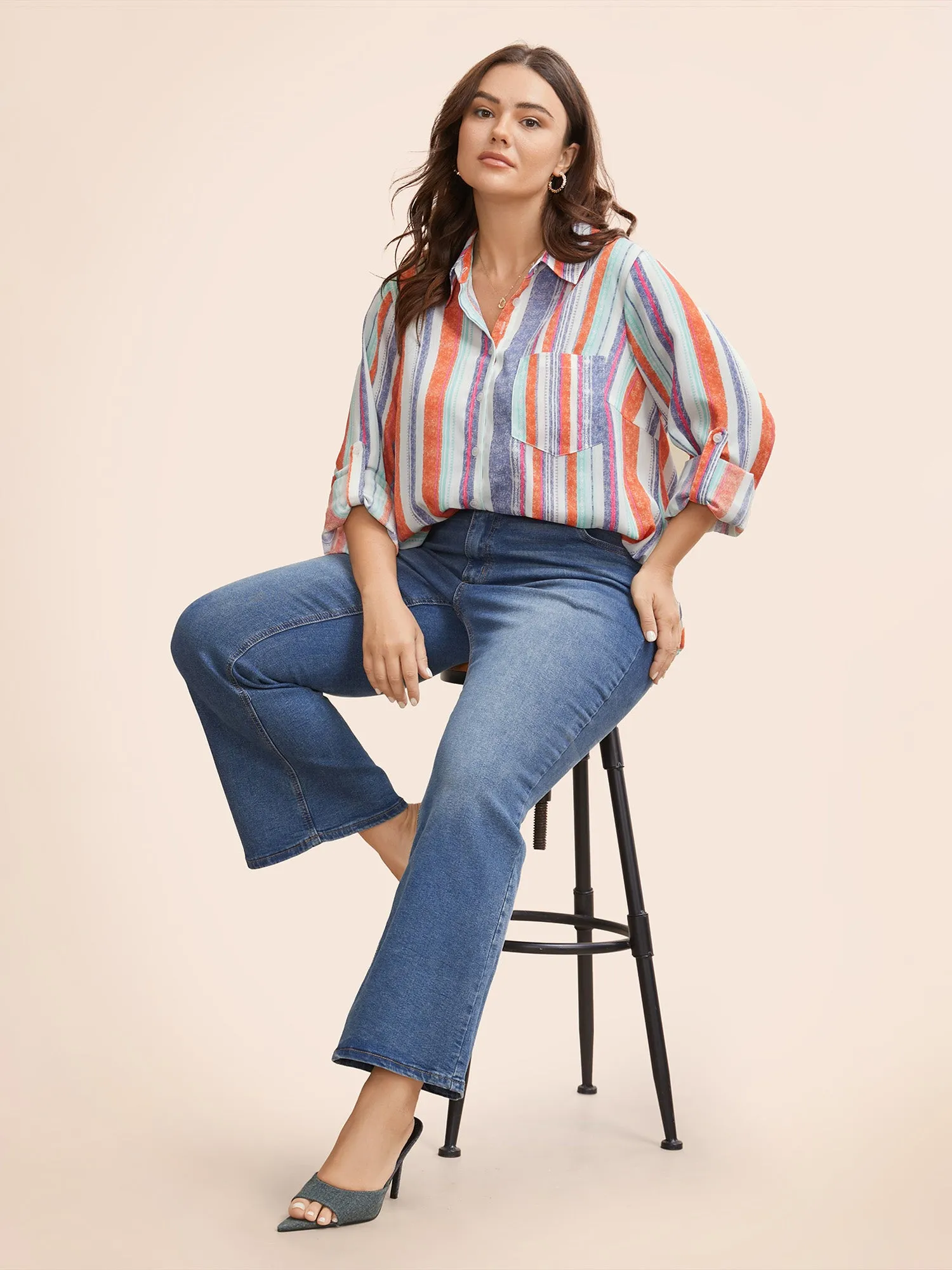 Contrast Striped Patched Pocket Tab Sleeve Blouse sold by Bloomchic product image thumbnail 2