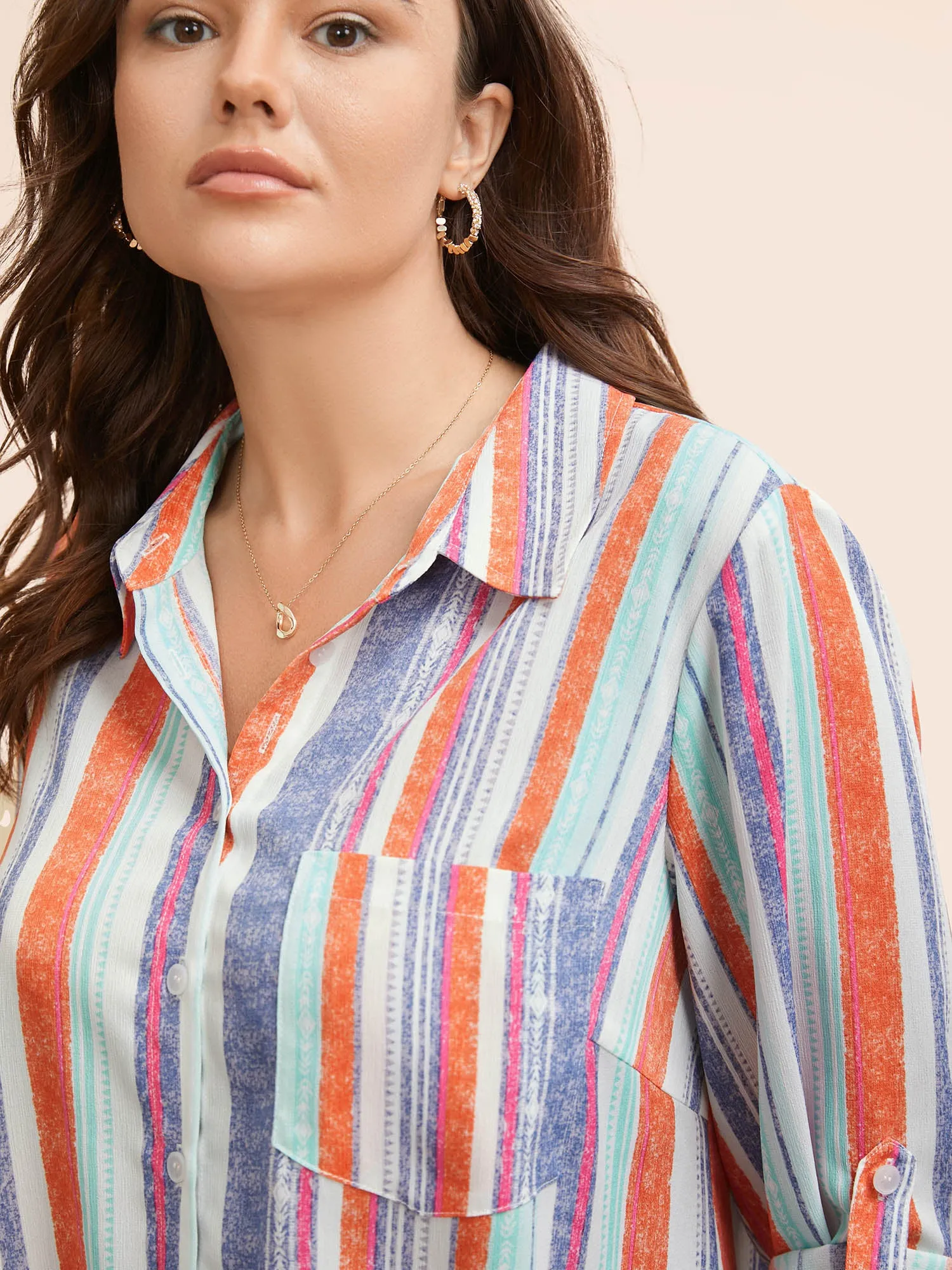 Contrast Striped Patched Pocket Tab Sleeve Blouse sold by Bloomchic product image thumbnail 3