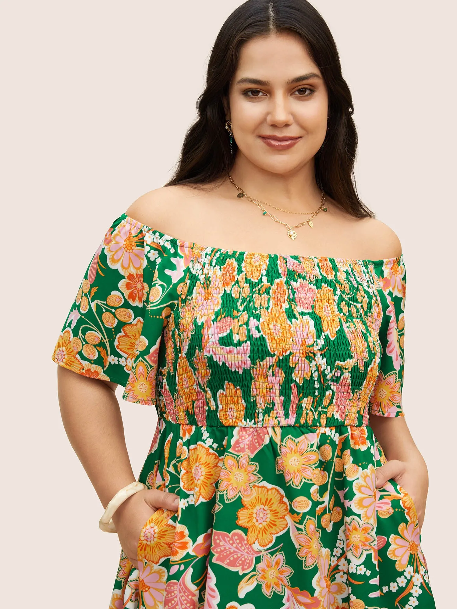 Floral Shirred Off Shoulder Flutter Sleeve Dress sold by Bloomchic product image thumbnail 4