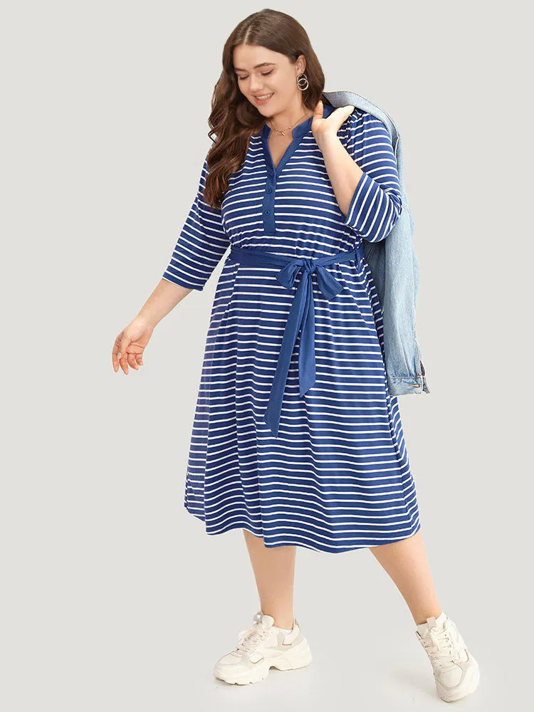 Striped Belted Notched Dress sold by Bloomchic