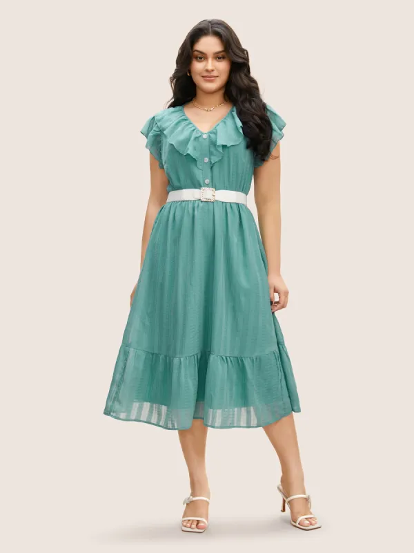 Solid Buckle Detail Ruffle Trim Midi Dress sold by Bloomchic
