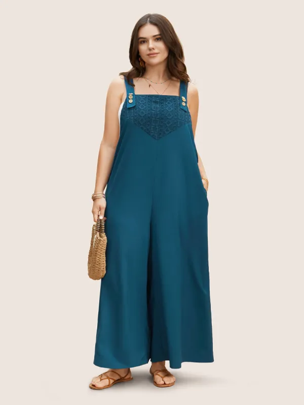 Pointelle Knit Patchwork Button Detail Loose Jumpsuit sold by Bloomchic