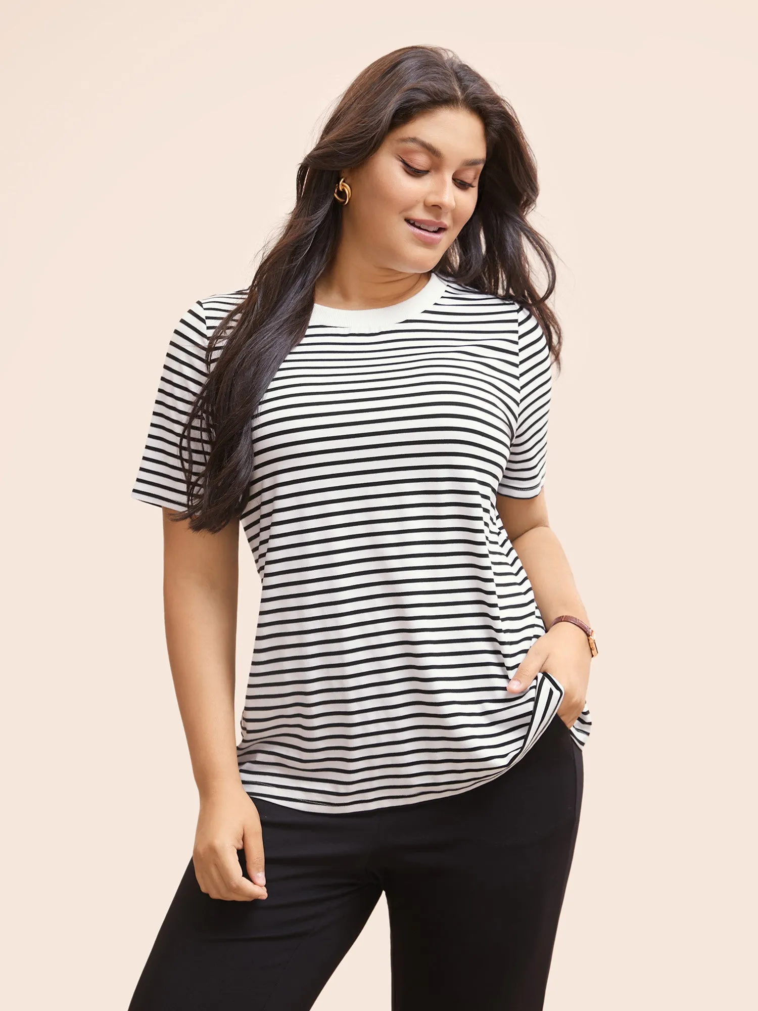 Striped Crew Neck Rib Knit T-shirt sold by Bloomchic product image thumbnail 5