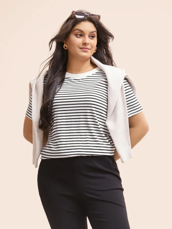 Striped Crew Neck Rib Knit T-shirt sold by Bloomchic
