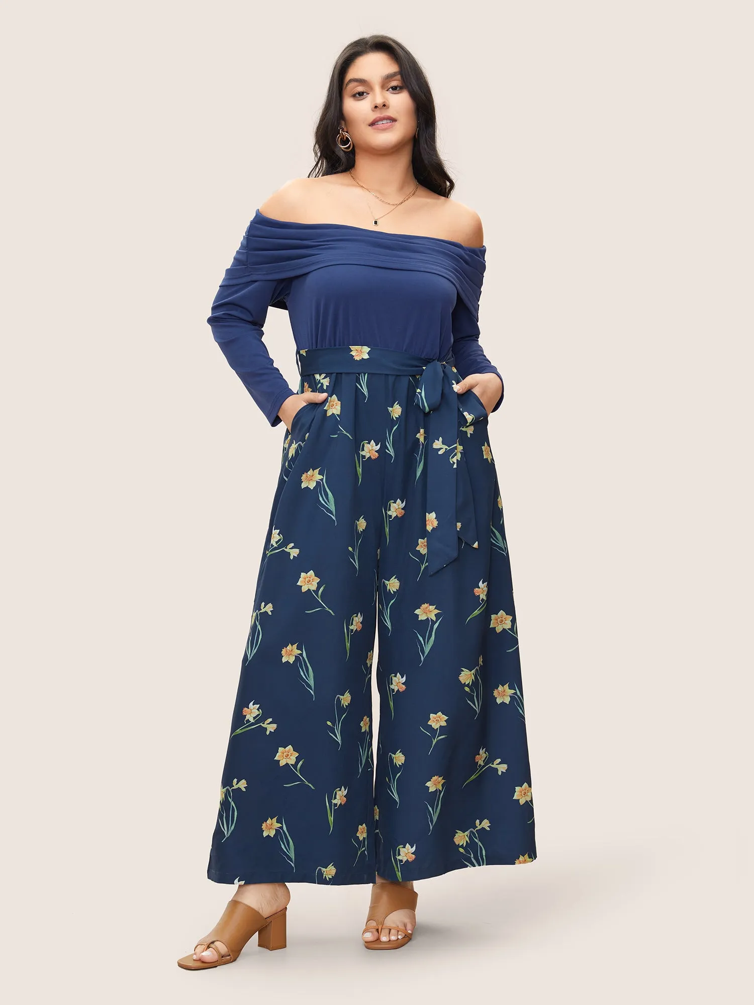 Off Shoulder Floral Patchwork Ruched Belted Jumpsuit sold by Bloomchic product image thumbnail 2