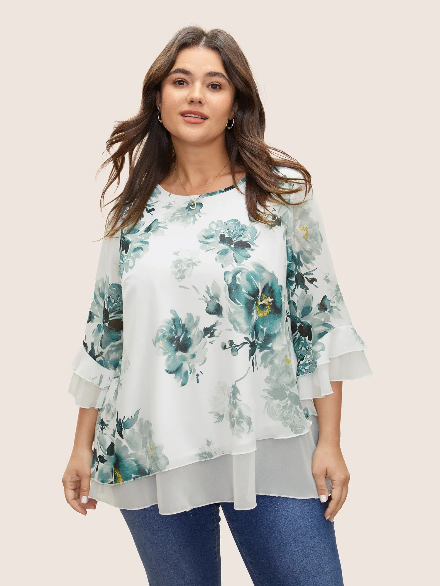 Chiffon Floral Ruffles Layered Patchwork Mesh Blouse sold by Bloomchic