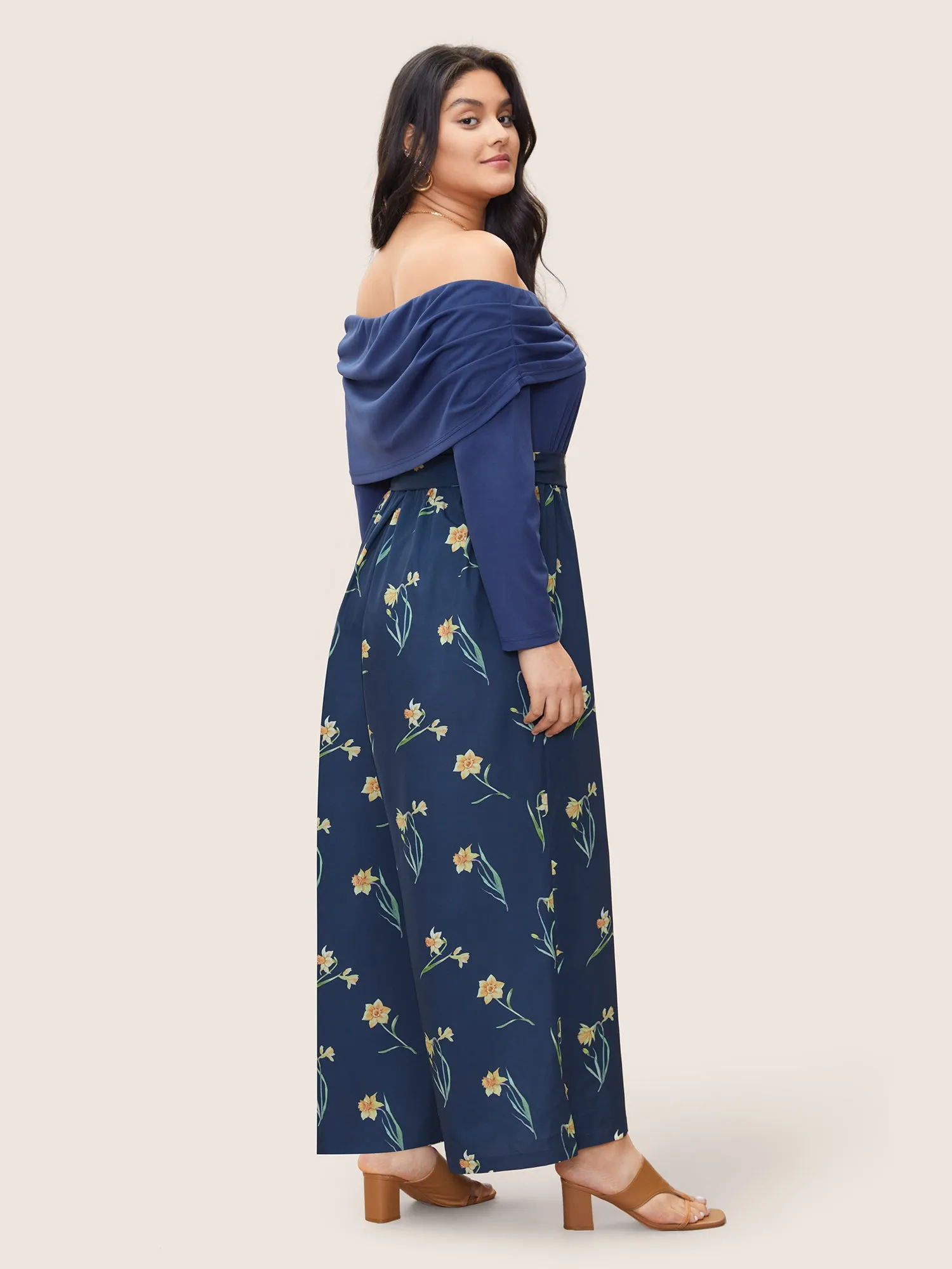 Off Shoulder Floral Patchwork Ruched Belted Jumpsuit sold by Bloomchic product image thumbnail 3