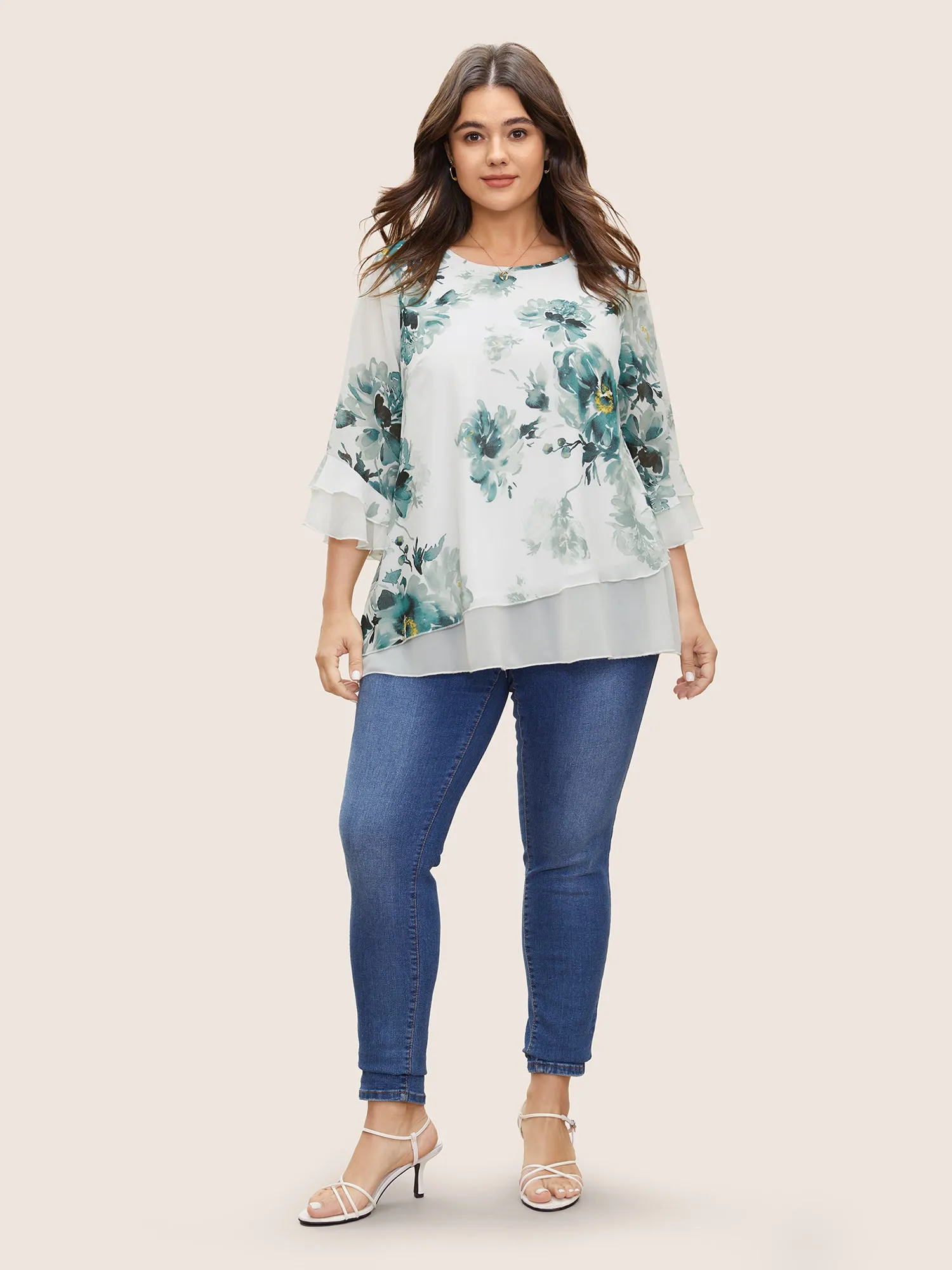 Chiffon Floral Ruffles Layered Patchwork Mesh Blouse sold by Bloomchic product image thumbnail 2