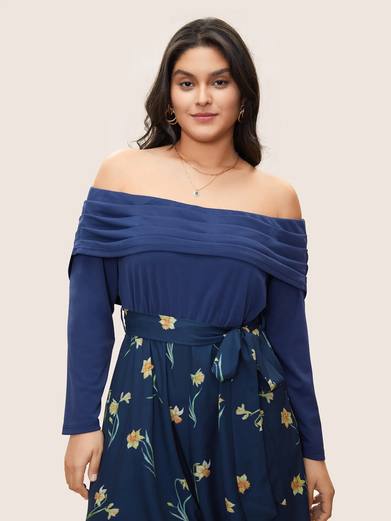 Off Shoulder Floral Patchwork Ruched Belted Jumpsuit sold by Bloomchic product image thumbnail 4