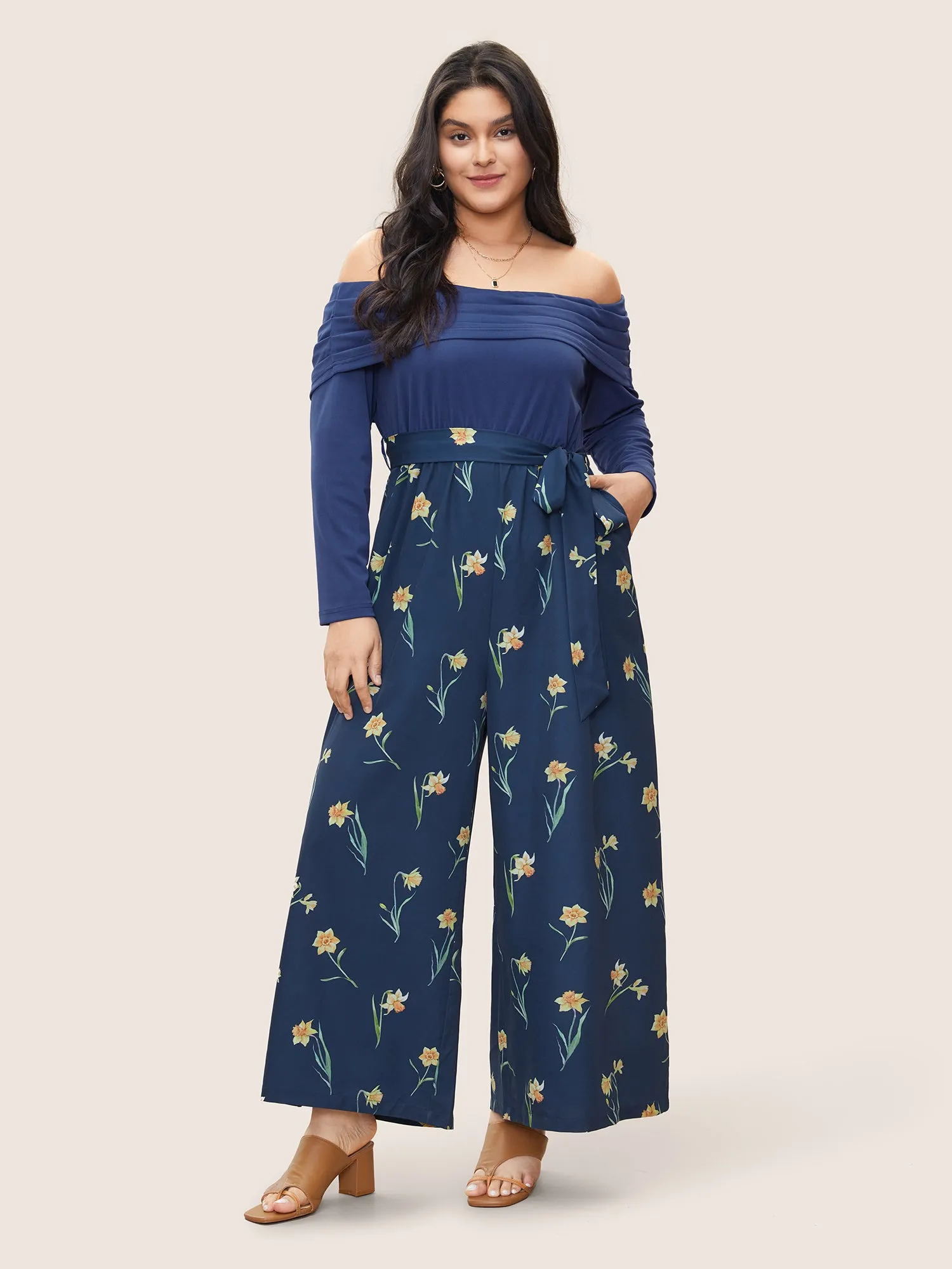 Off Shoulder Floral Patchwork Ruched Belted Jumpsuit sold by Bloomchic