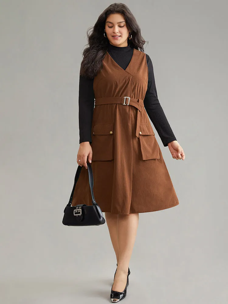 Solid Belted Buckle Detail Flap Pocket Sleeveless Dress sold by Bloomchic