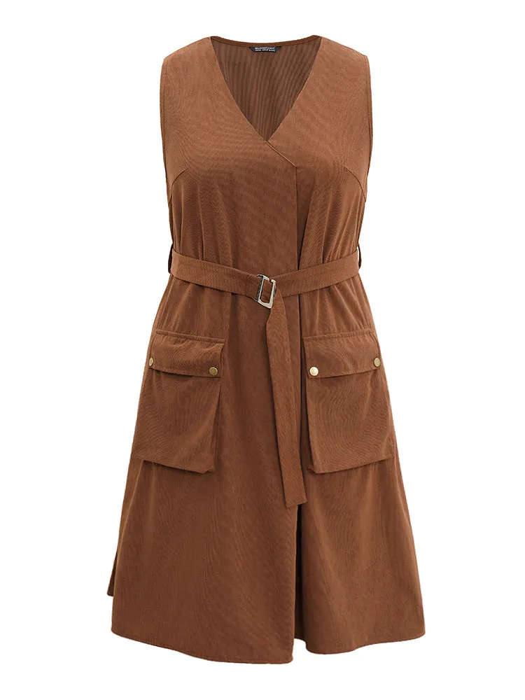 Solid Belted Buckle Detail Flap Pocket Sleeveless Dress sold by Bloomchic product image thumbnail 5