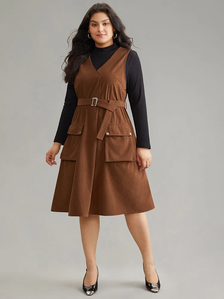 Solid Belted Buckle Detail Flap Pocket Sleeveless Dress sold by Bloomchic product image thumbnail 2