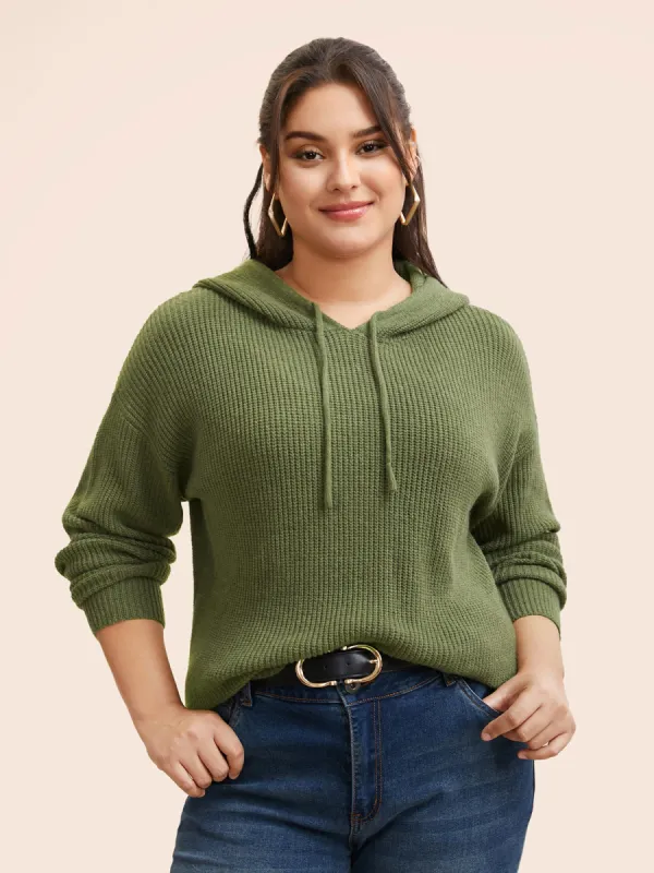 Plain Textured Drop Shoulder Hooded Pullover sold by Bloomchic