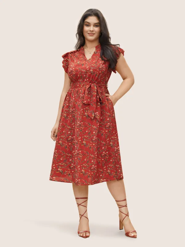 Floral Print Frill Notched Flutter Sleeve Dress sold by Bloomchic