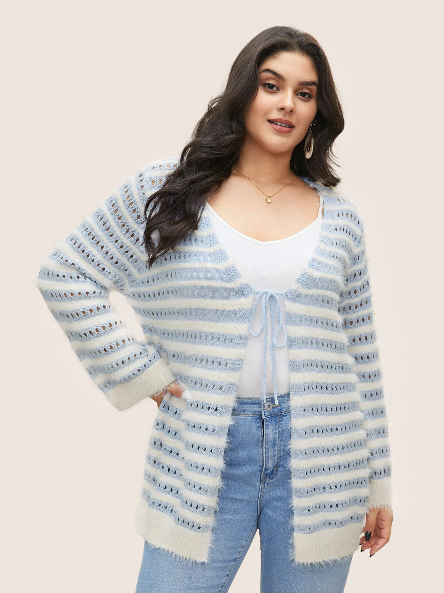 Striped Contrast Ties Front Eyelet Cardigan sold by Bloomchic