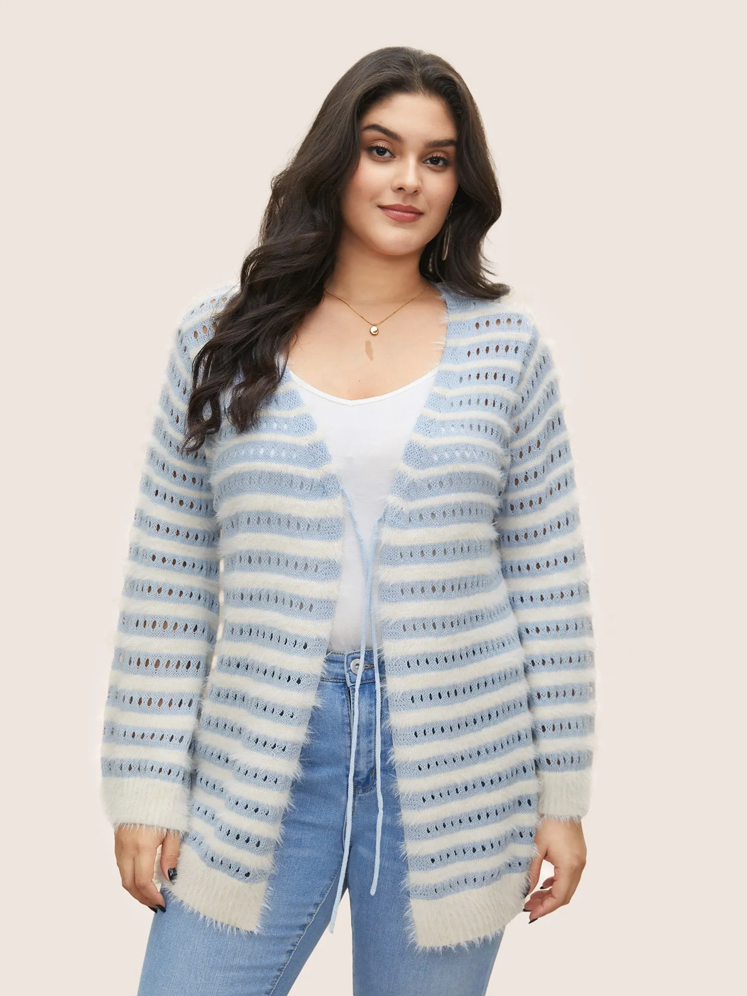 Striped Contrast Ties Front Eyelet Cardigan sold by Bloomchic product image thumbnail 3