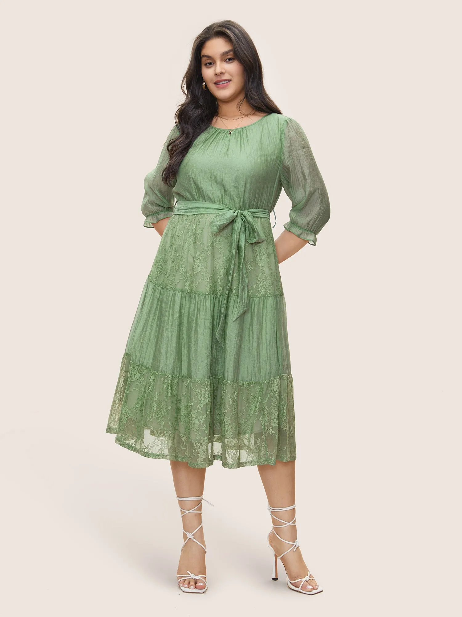 Tiered Lace Patchwork Belted Gathered Dress sold by Bloomchic product image thumbnail 3