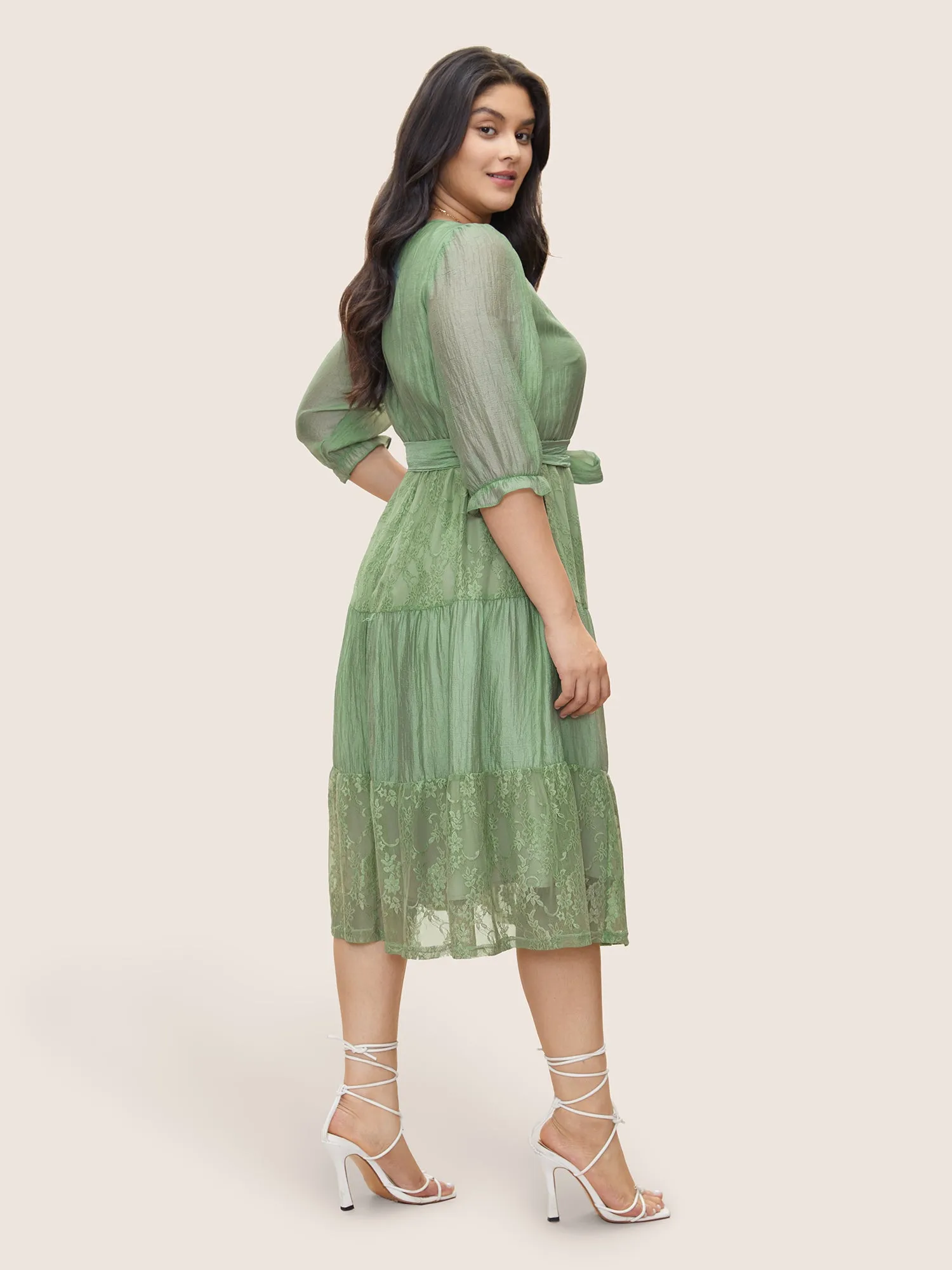 Tiered Lace Patchwork Belted Gathered Dress sold by Bloomchic product image thumbnail 4