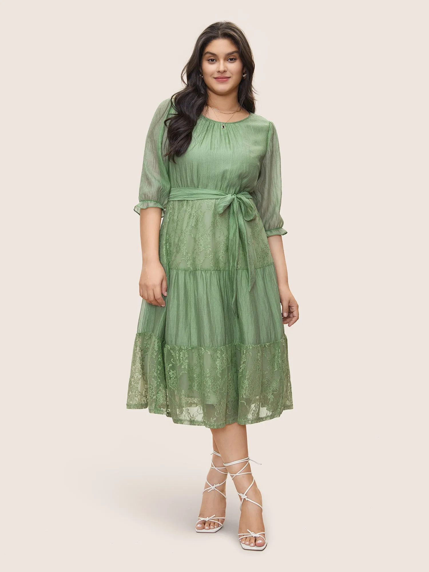 Tiered Lace Patchwork Belted Gathered Dress sold by Bloomchic