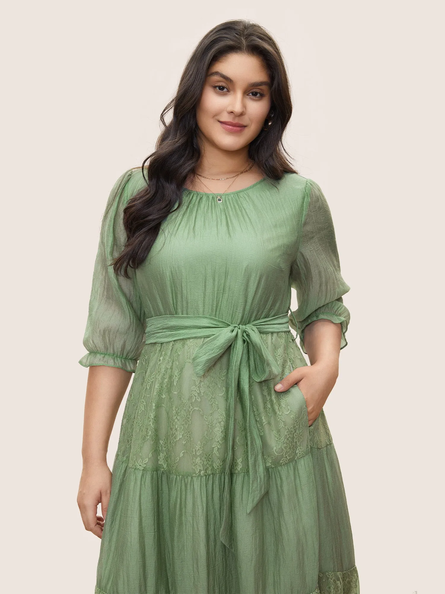 Tiered Lace Patchwork Belted Gathered Dress sold by Bloomchic product image thumbnail 5