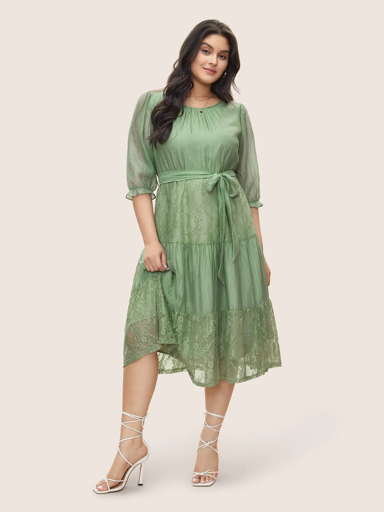 Tiered Lace Patchwork Belted Gathered Dress sold by Bloomchic product image thumbnail 2