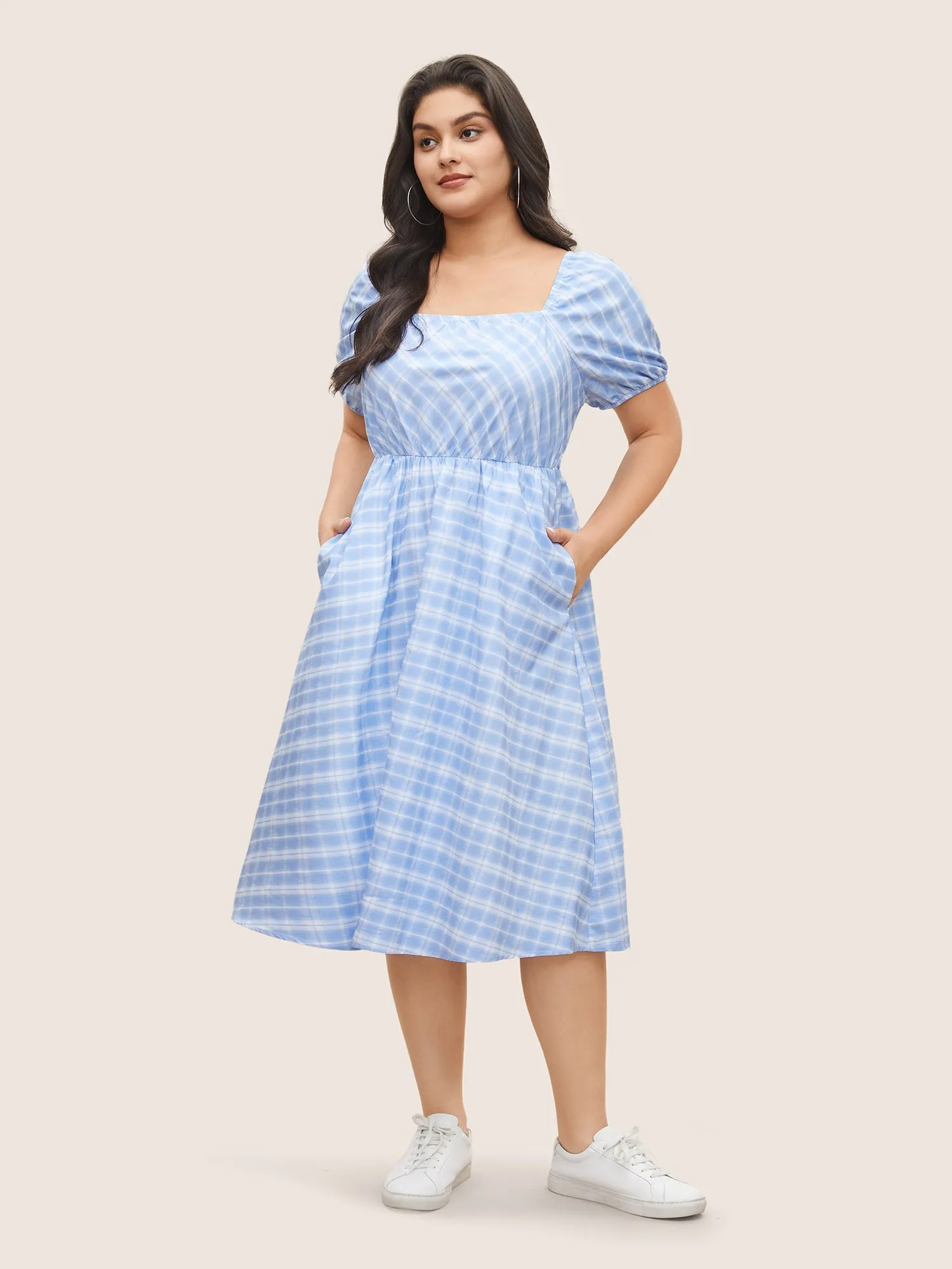 Plaid Square Neck Gathered Shirred Dress sold by Bloomchic product image thumbnail 2