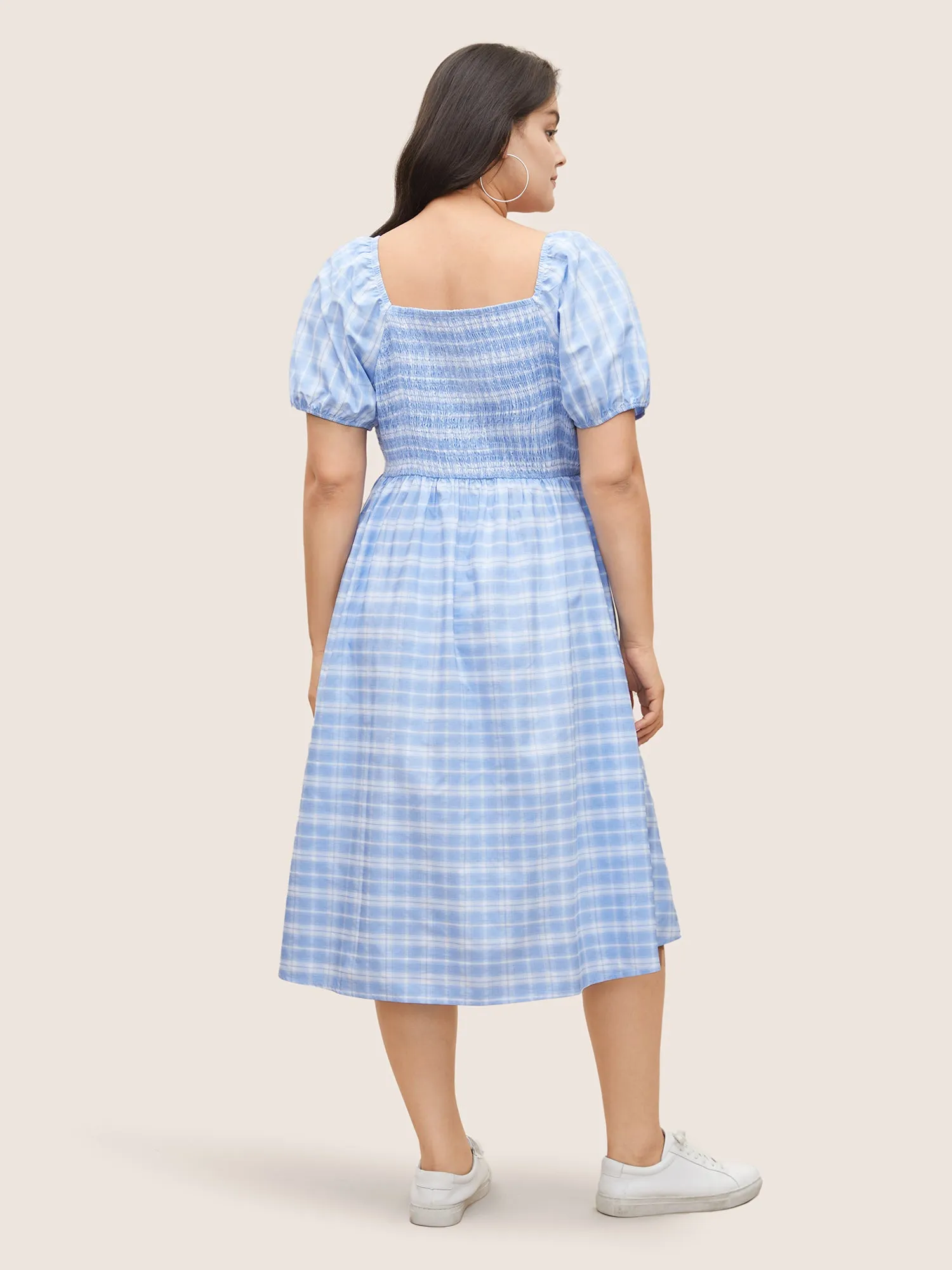 Plaid Square Neck Gathered Shirred Dress sold by Bloomchic product image thumbnail 3