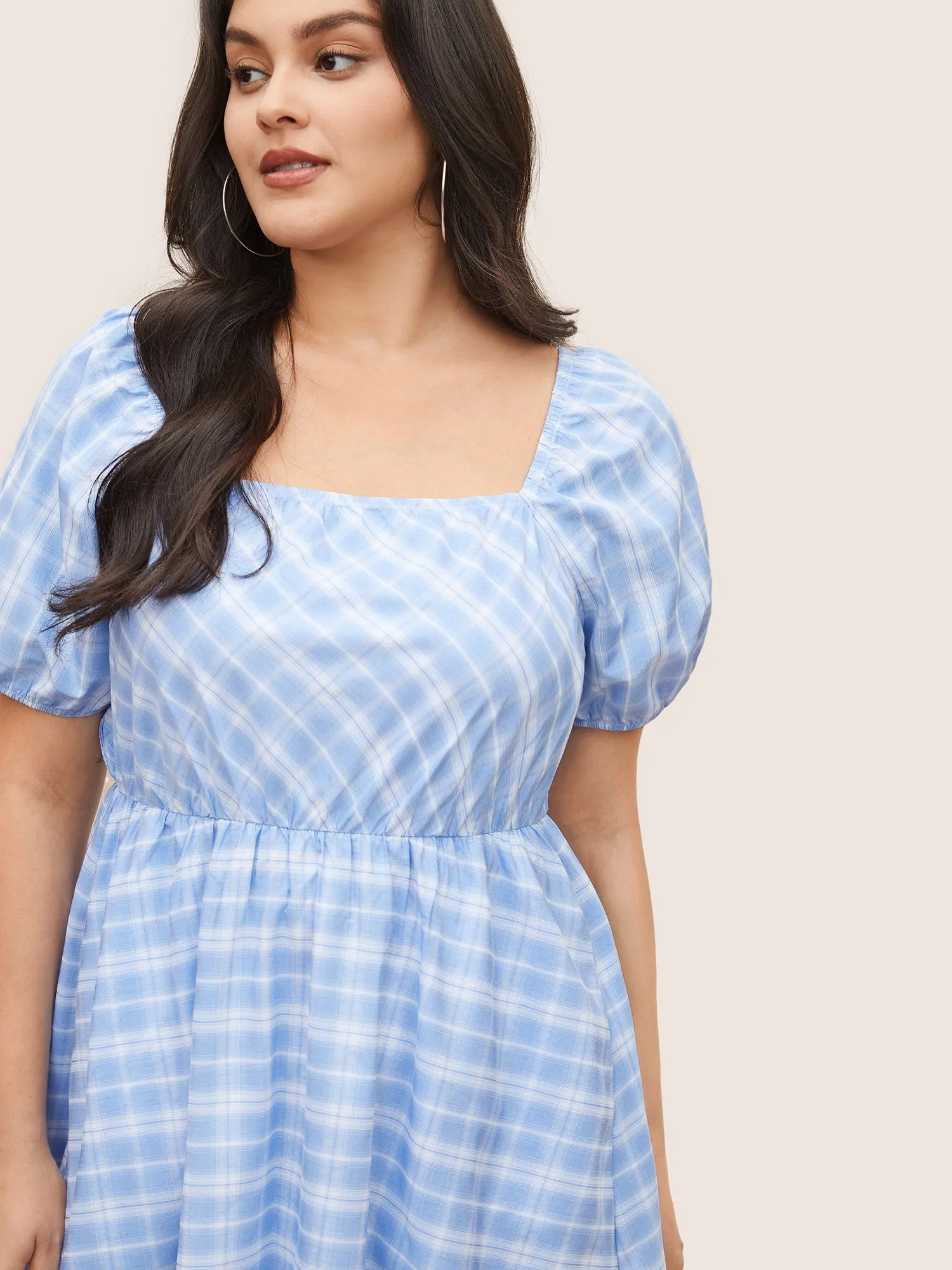 Plaid Square Neck Gathered Shirred Dress sold by Bloomchic product image thumbnail 4