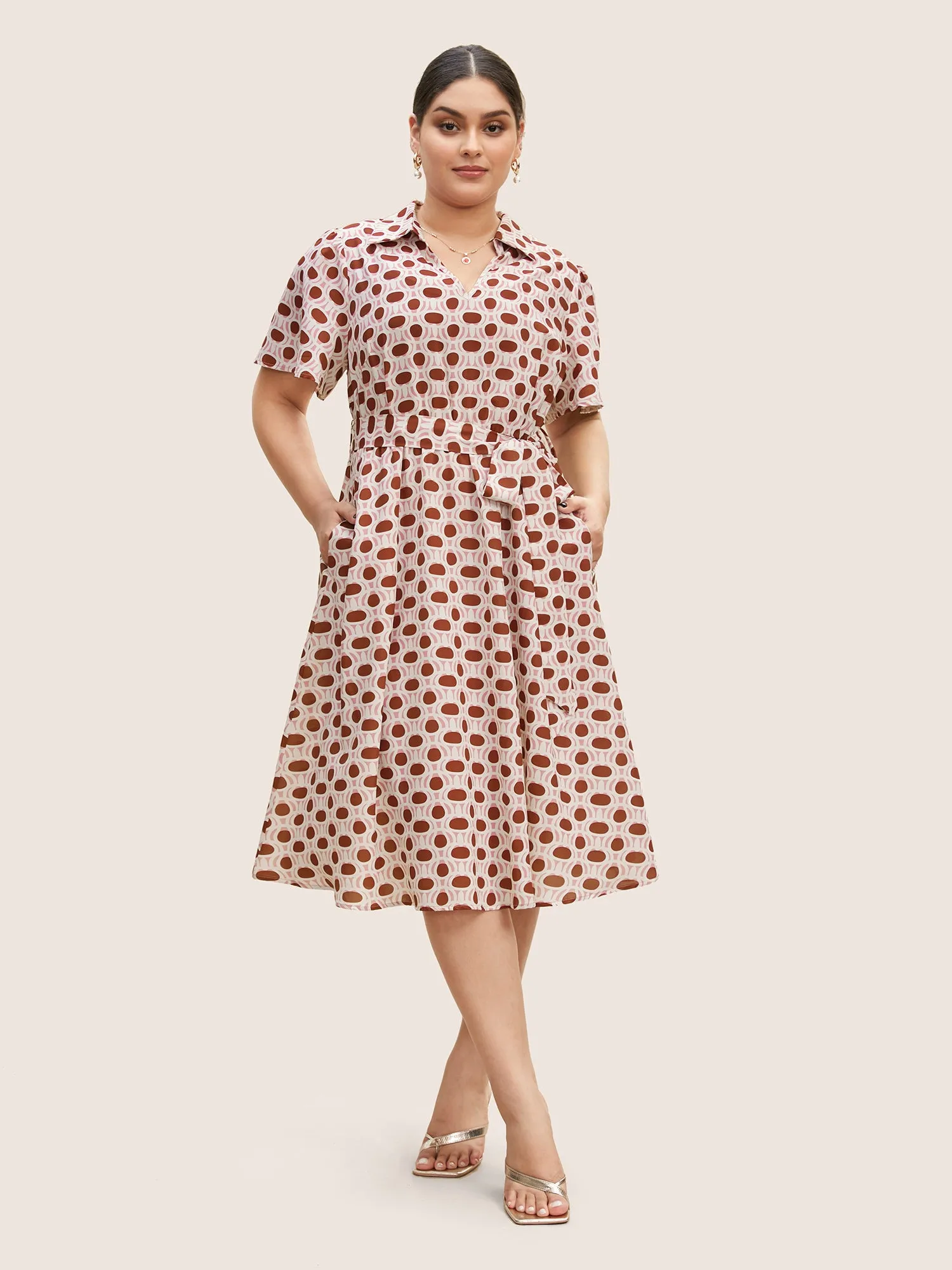 Geometric Belted Ruffle Sleeve Midi Dress sold by Bloomchic product image thumbnail 2