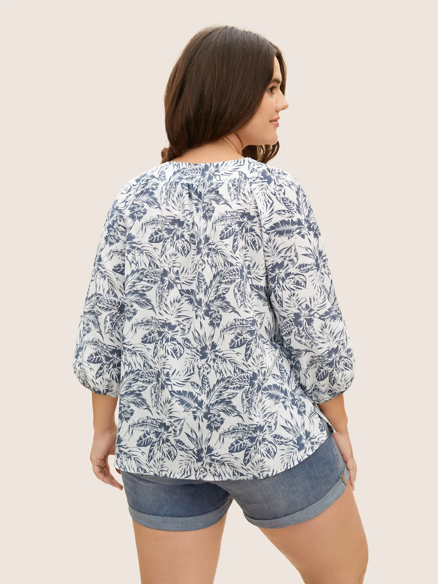 Linen Blend Tropical Print Lace Up Lantern Sleeve Blouse sold by Bloomchic product image thumbnail 4