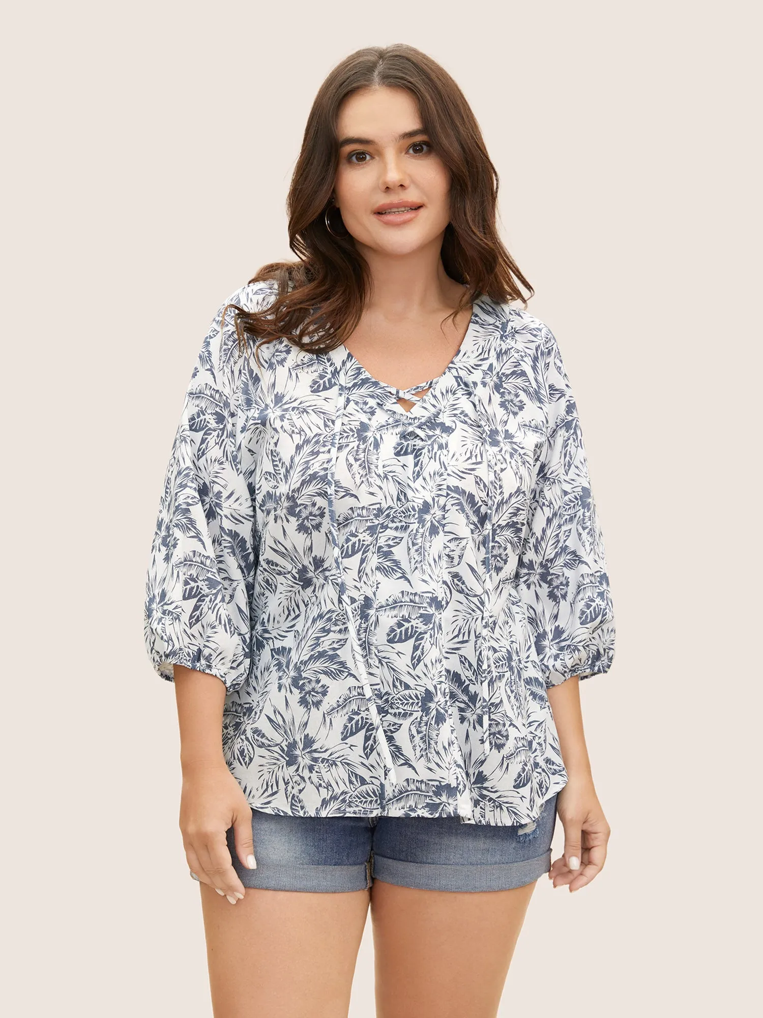 Linen Blend Tropical Print Lace Up Lantern Sleeve Blouse sold by Bloomchic