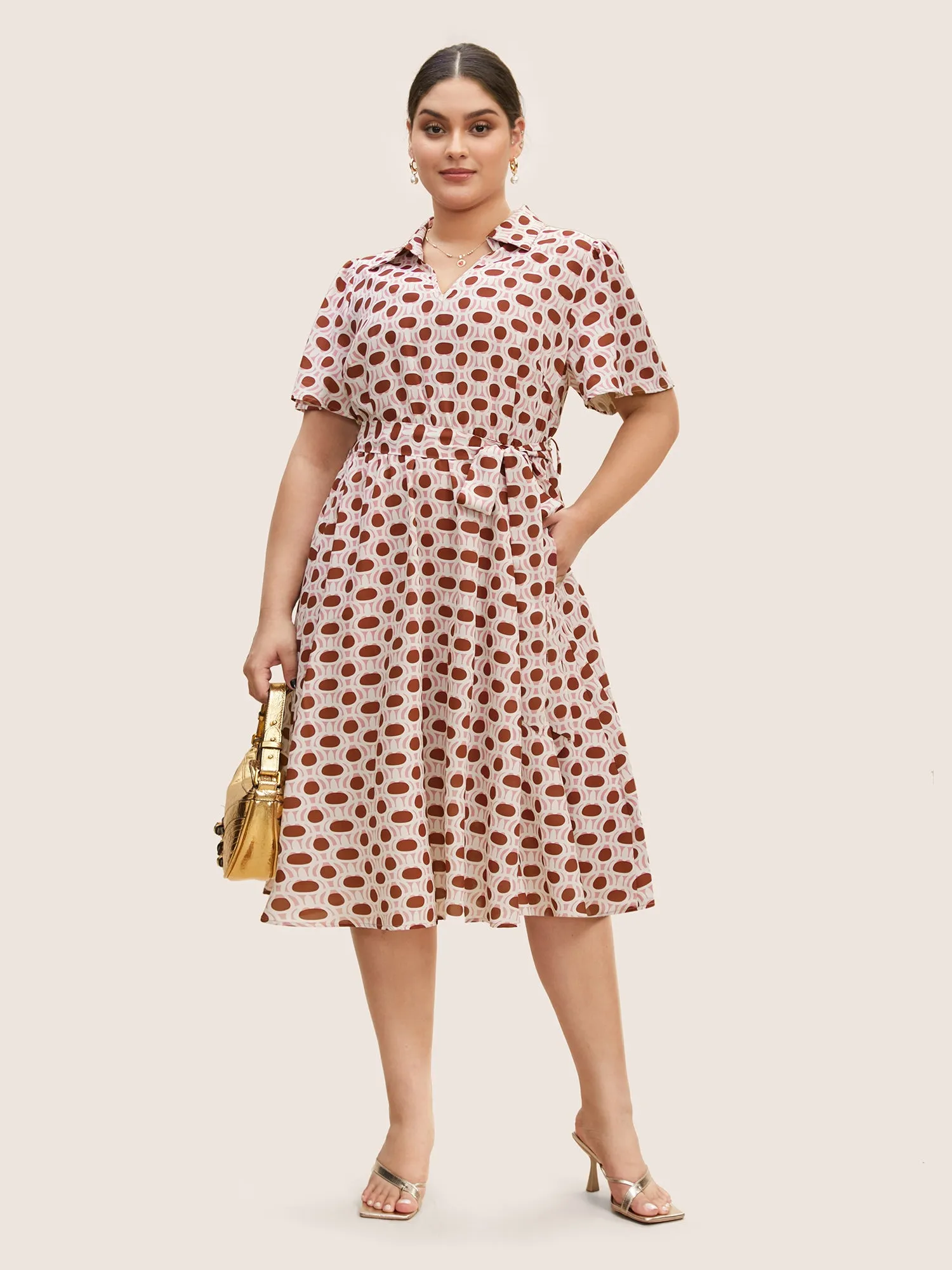 Geometric Belted Ruffle Sleeve Midi Dress sold by Bloomchic