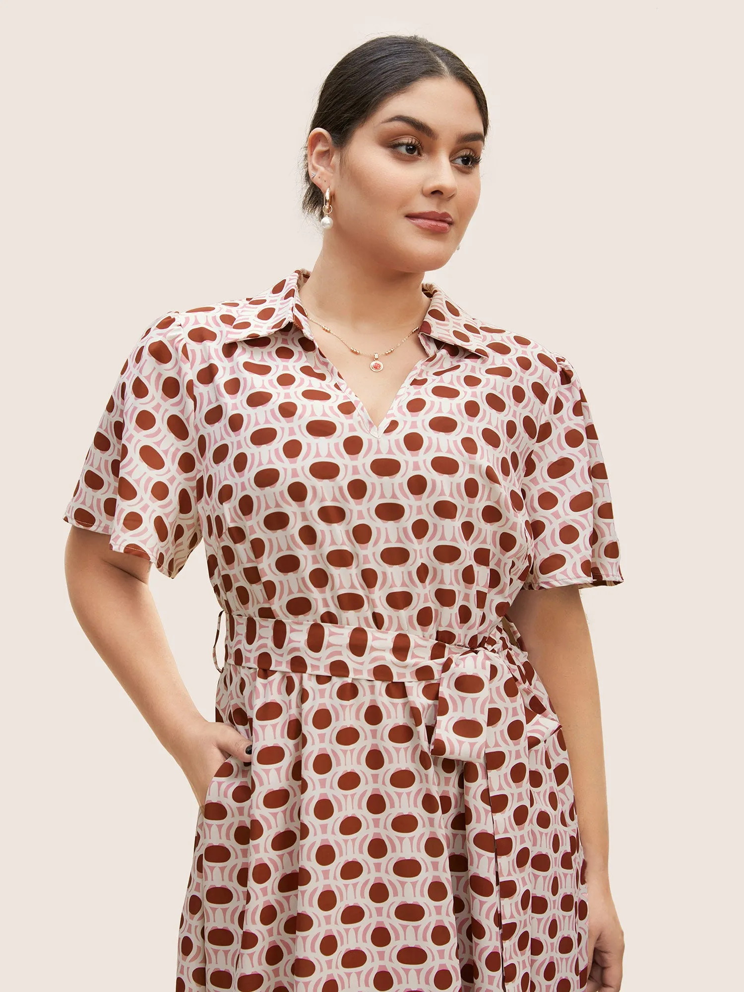 Geometric Belted Ruffle Sleeve Midi Dress sold by Bloomchic product image thumbnail 4