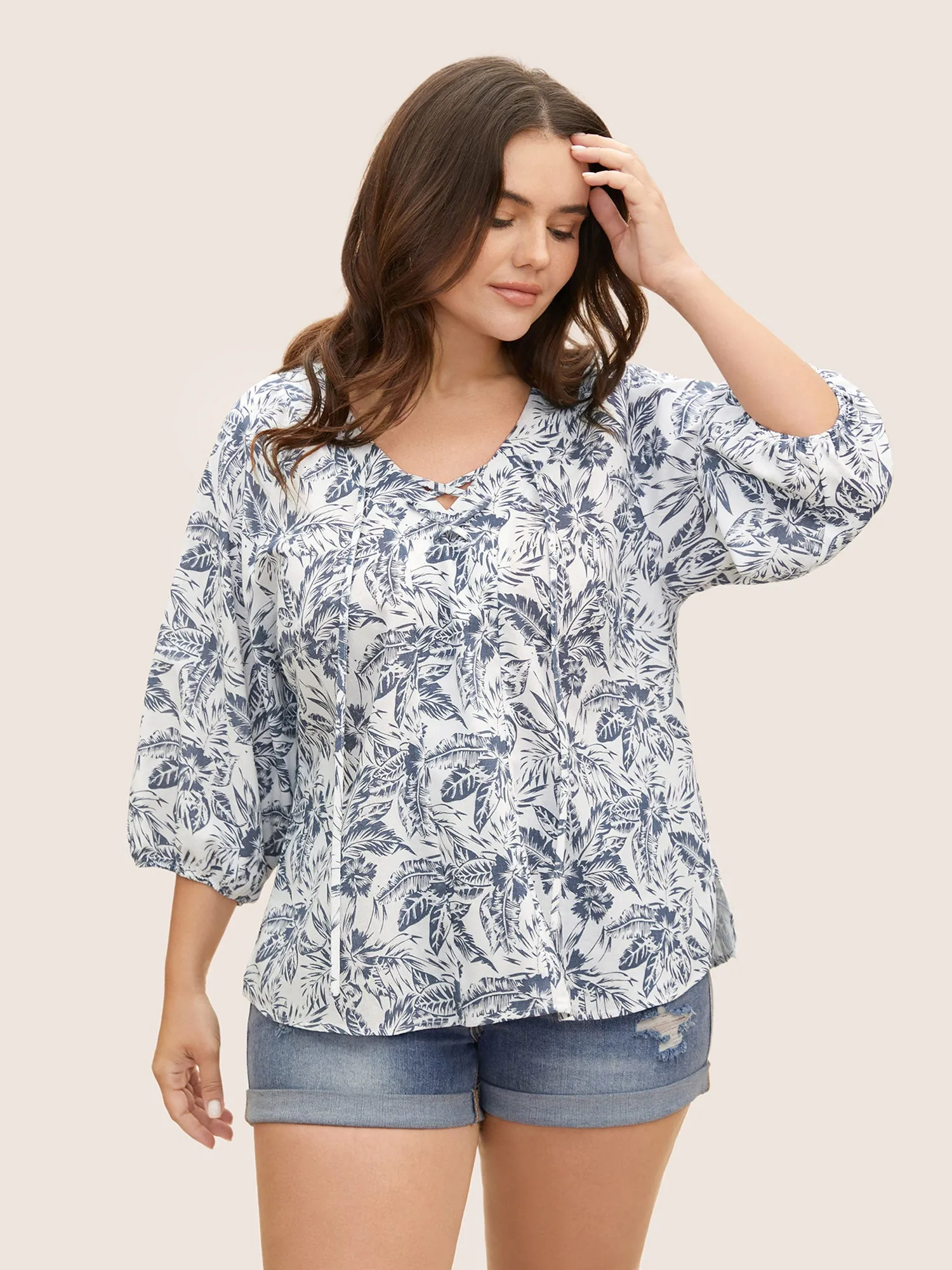 Linen Blend Tropical Print Lace Up Lantern Sleeve Blouse sold by Bloomchic product image thumbnail 3