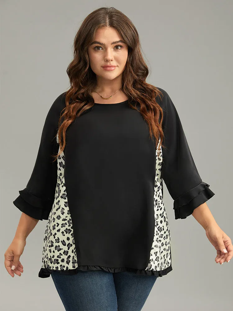 Leopard Print Patchwork Frill Trim Blouse sold by Bloomchic