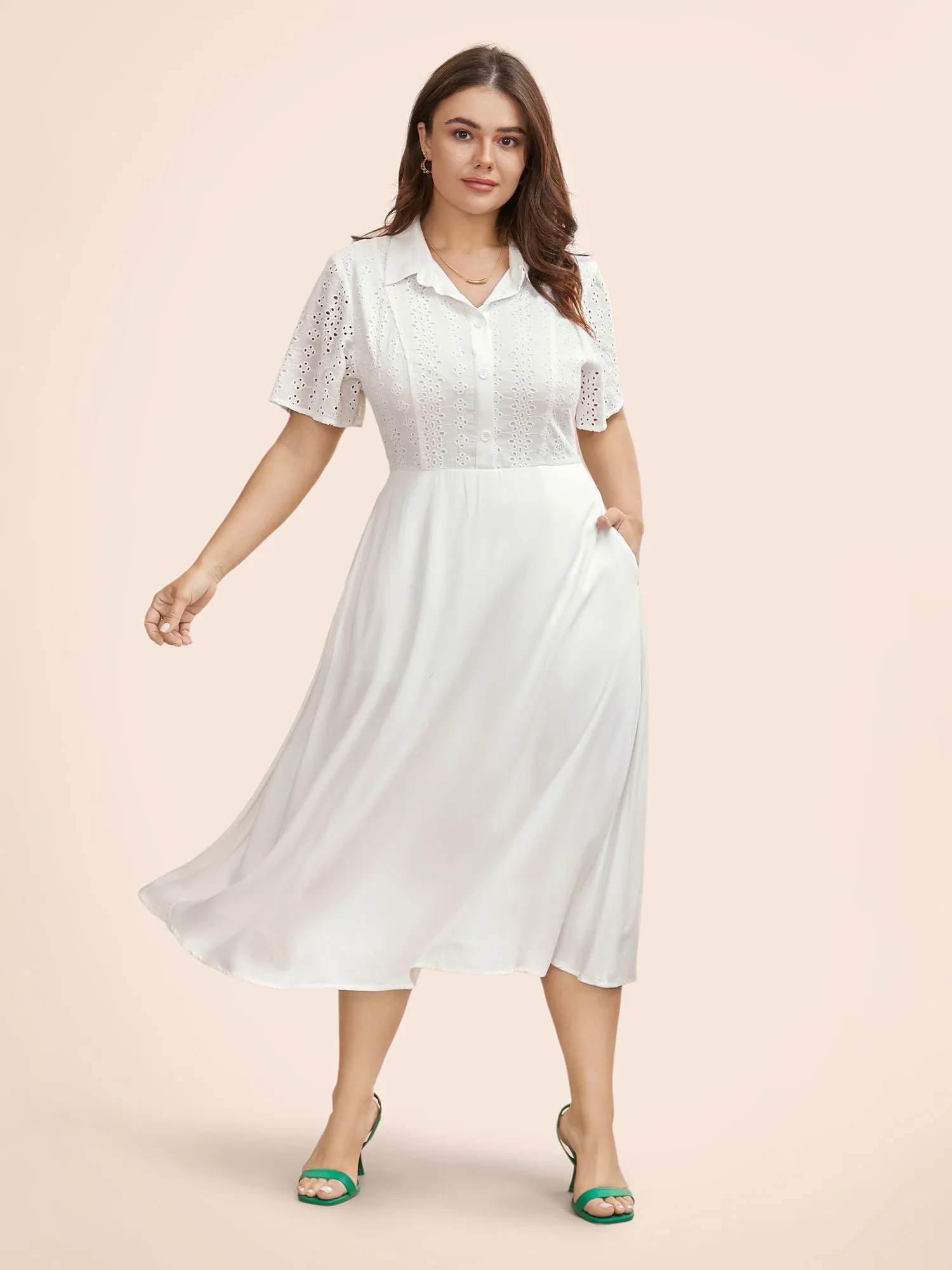Shirt Collar Broderie Anglaise Midi Dress sold by Bloomchic