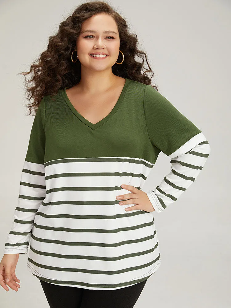 Striped Patchwork Contrast V Neck Sweatshirt sold by Bloomchic