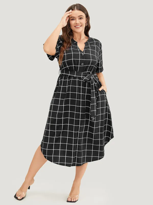 Plaid Pocket Arc Hem Button Up Belt Notched Dress sold by Bloomchic