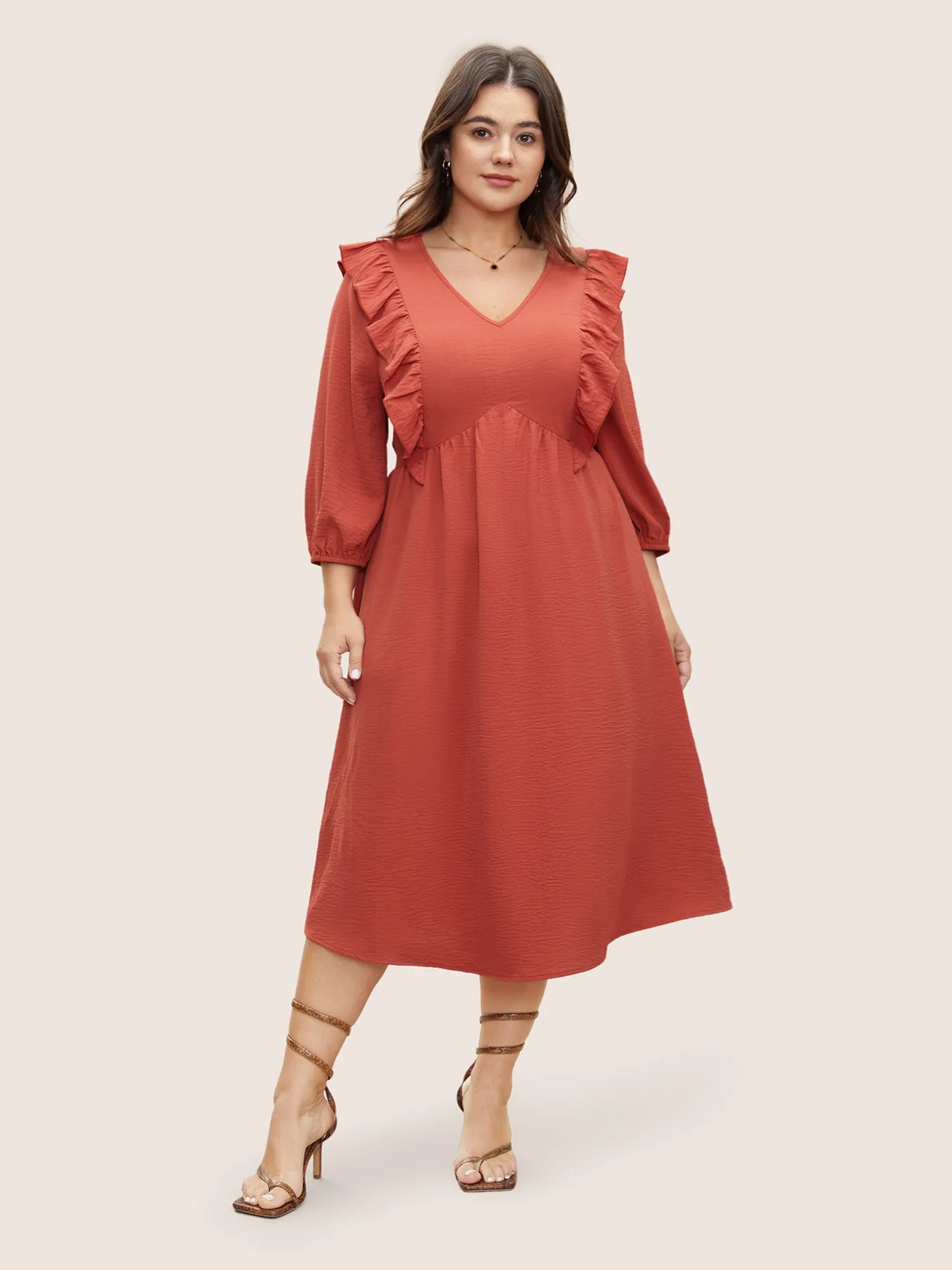 Patchwork Ruffles Pocket Elastic Waist Crepe Dress sold by Bloomchic