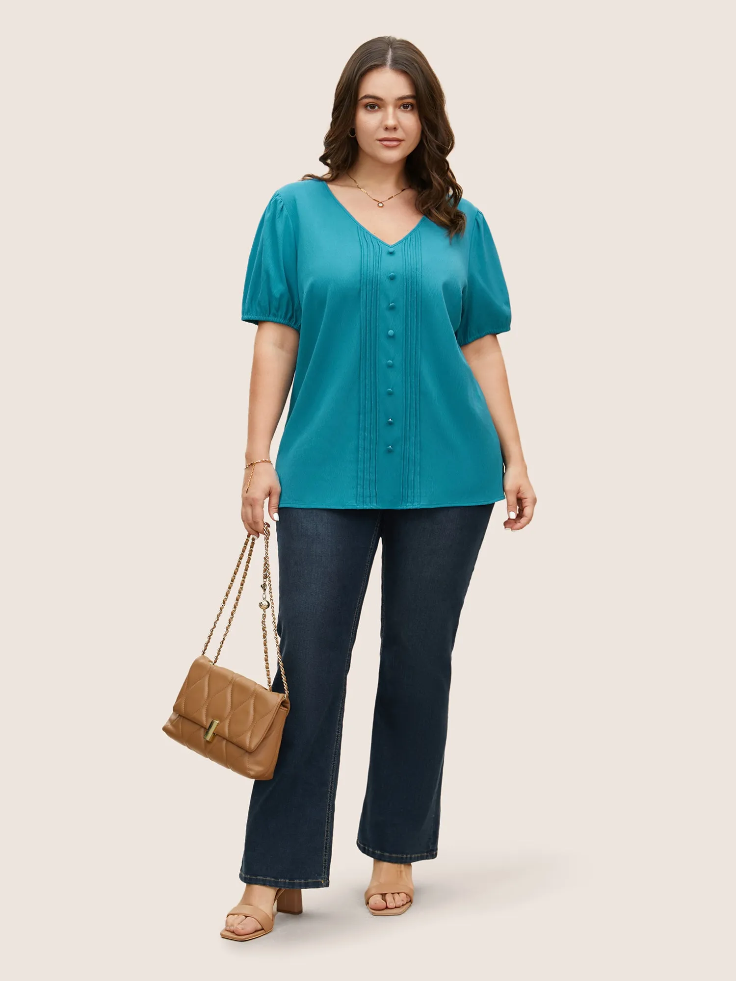 V Neck Button Detail Pleated Split Hem Blouse sold by Bloomchic product image thumbnail 2