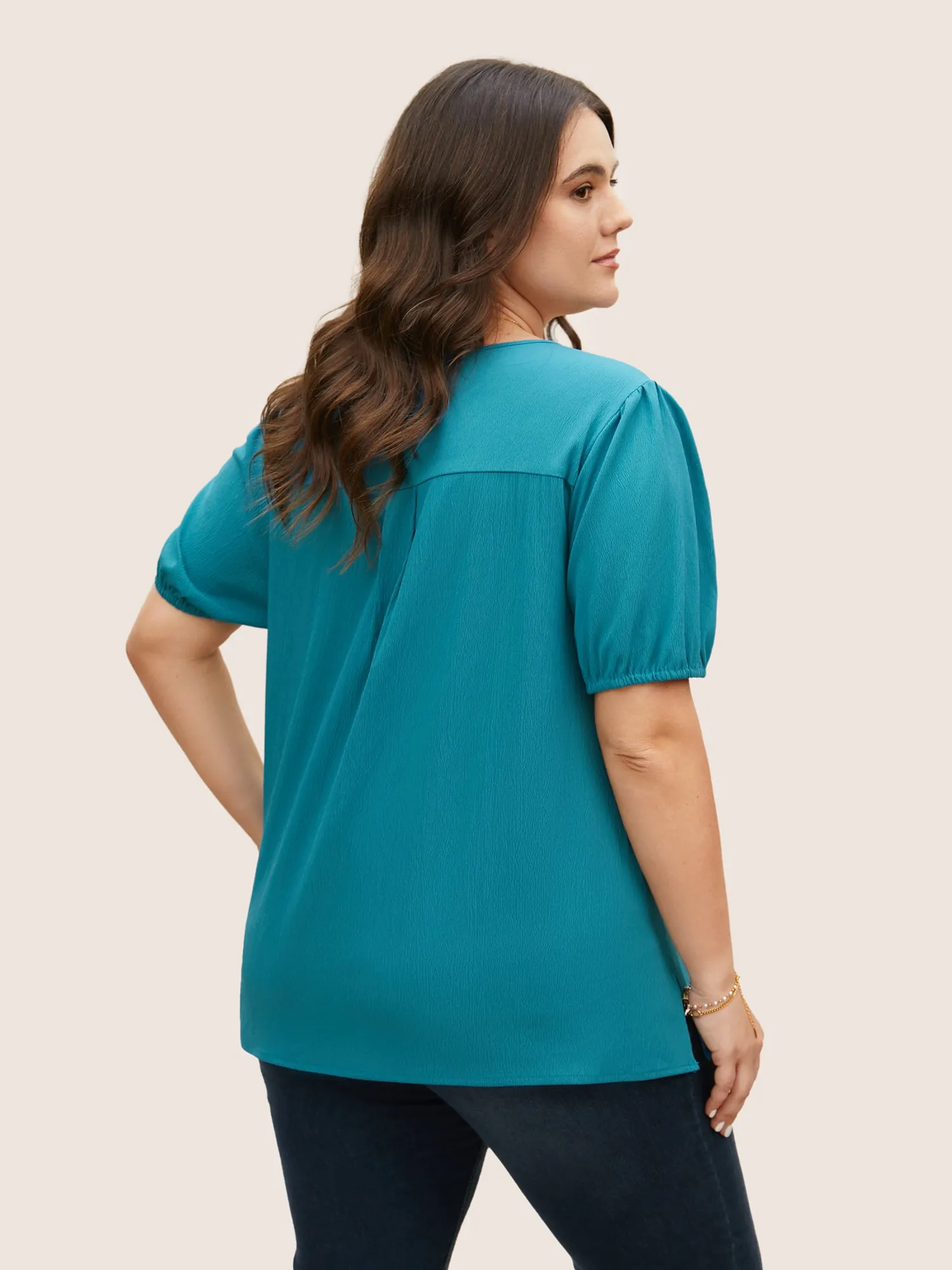 V Neck Button Detail Pleated Split Hem Blouse sold by Bloomchic product image thumbnail 3