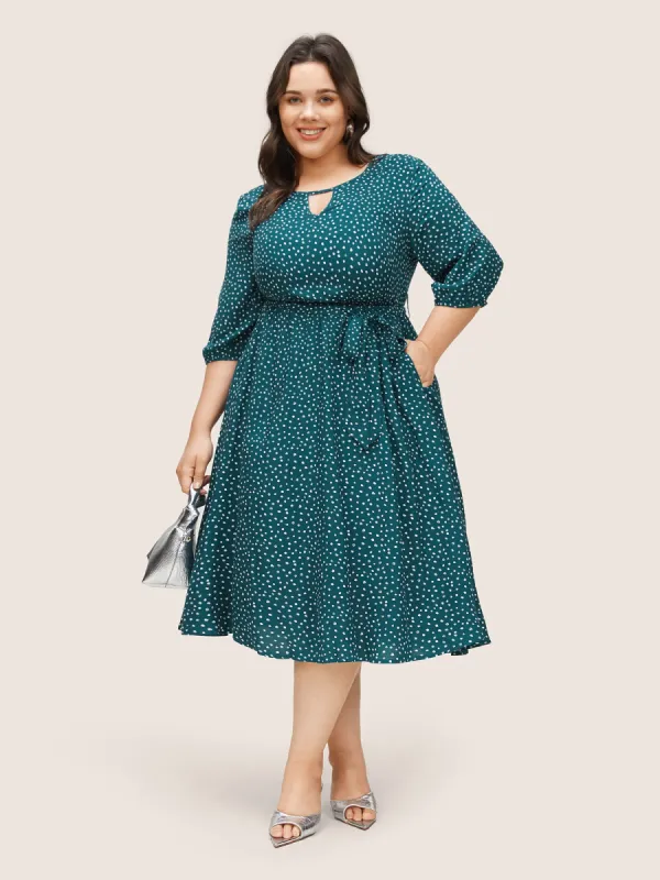 Static-Free Polka Dot Keyhole Gathered Belted Dress sold by Bloomchic