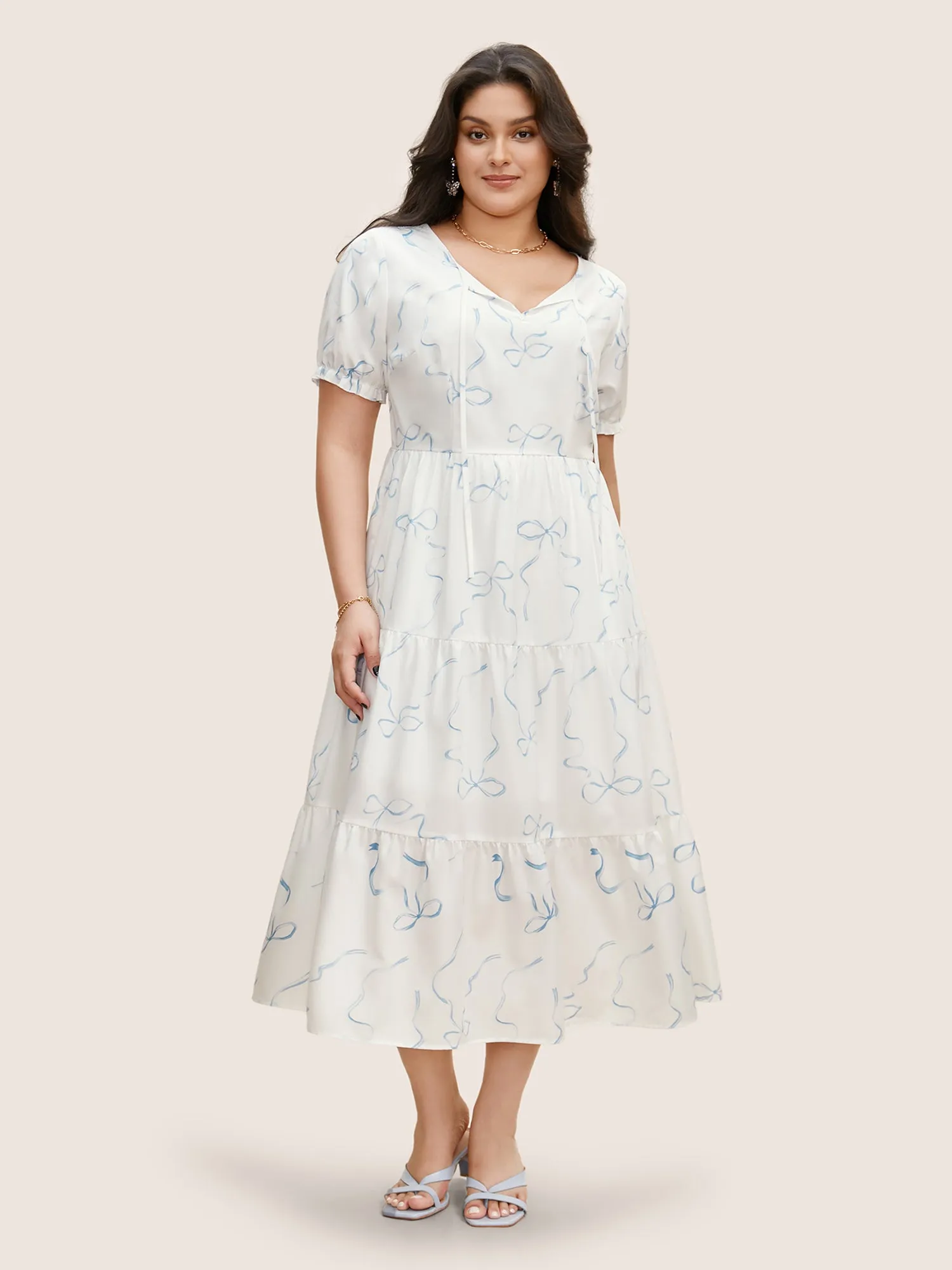 Bowknot Print Tie Knot Lantern Sleeve Midi Dress sold by Bloomchic product image thumbnail 3