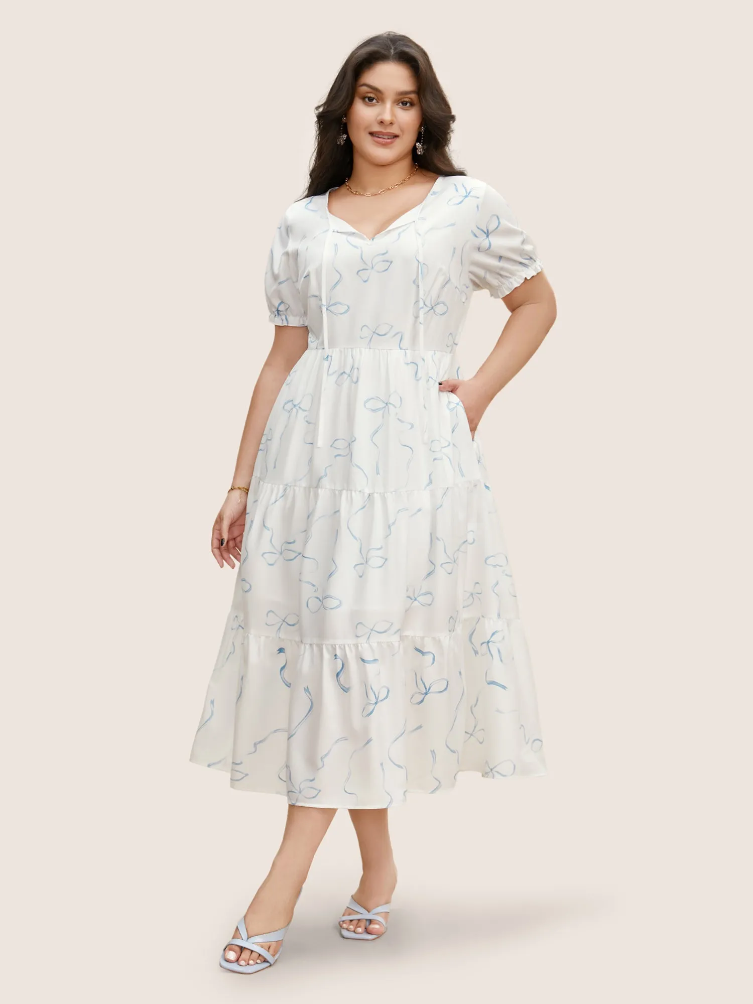 Bowknot Print Tie Knot Lantern Sleeve Midi Dress sold by Bloomchic