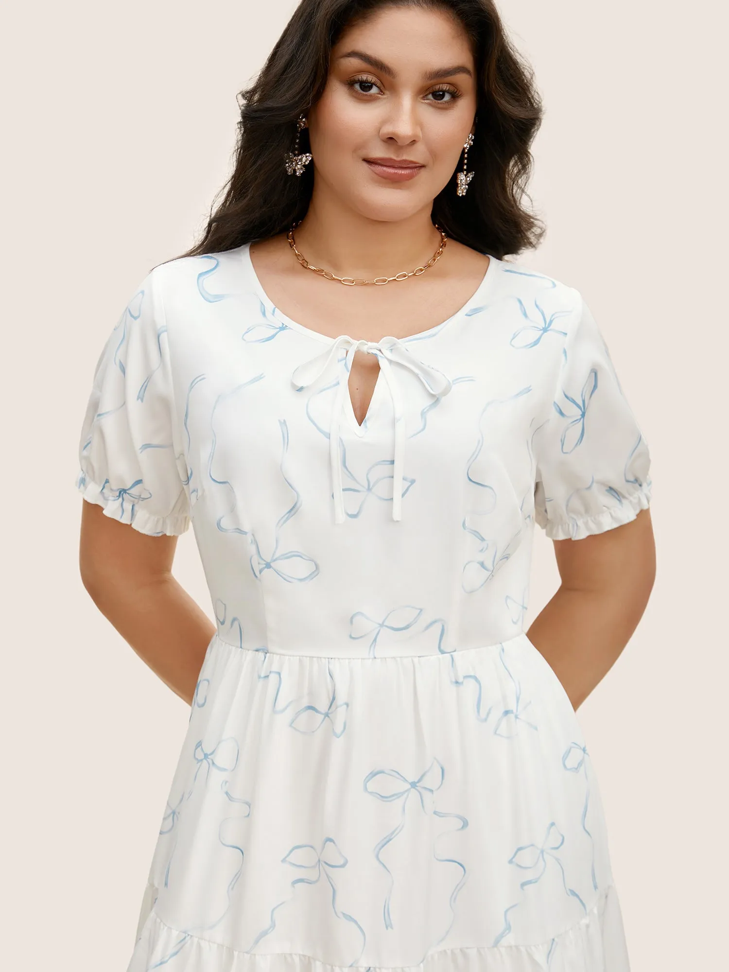 Bowknot Print Tie Knot Lantern Sleeve Midi Dress sold by Bloomchic product image thumbnail 2