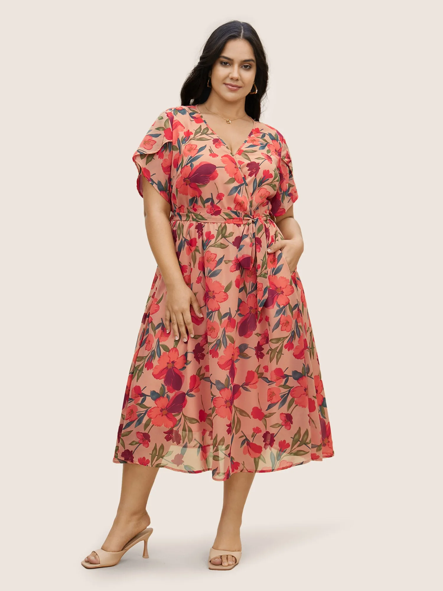 Watercolor Floral Patchwork Petal Sleeve Belted Dress sold by Bloomchic