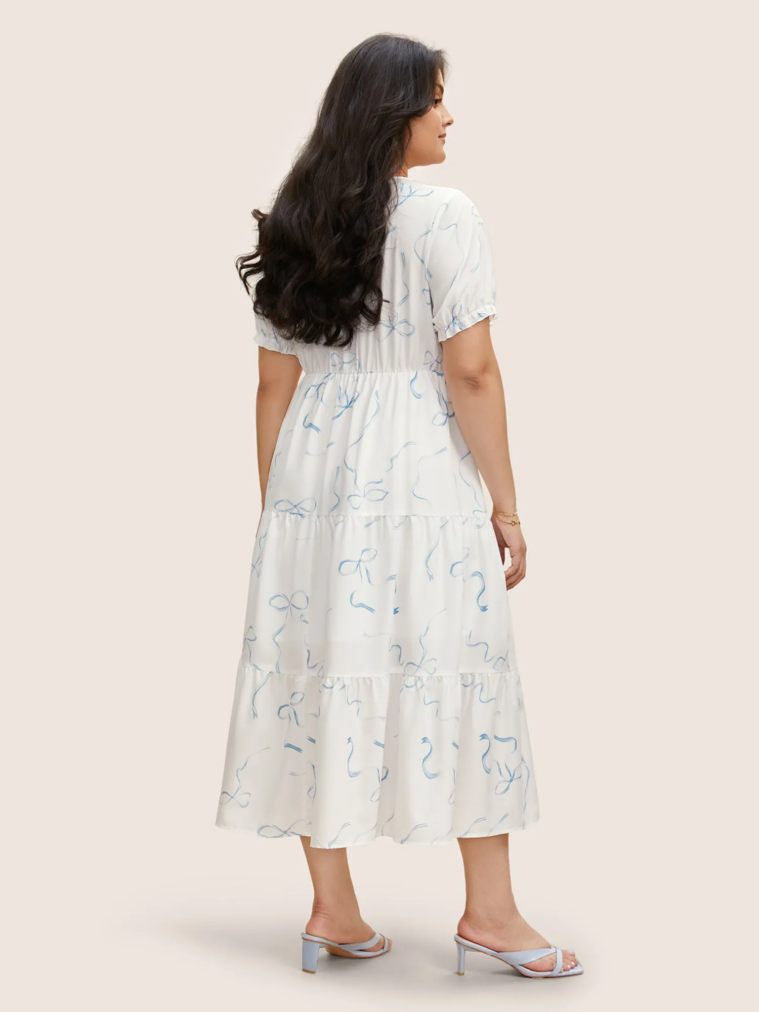 Bowknot Print Tie Knot Lantern Sleeve Midi Dress sold by Bloomchic product image thumbnail 4