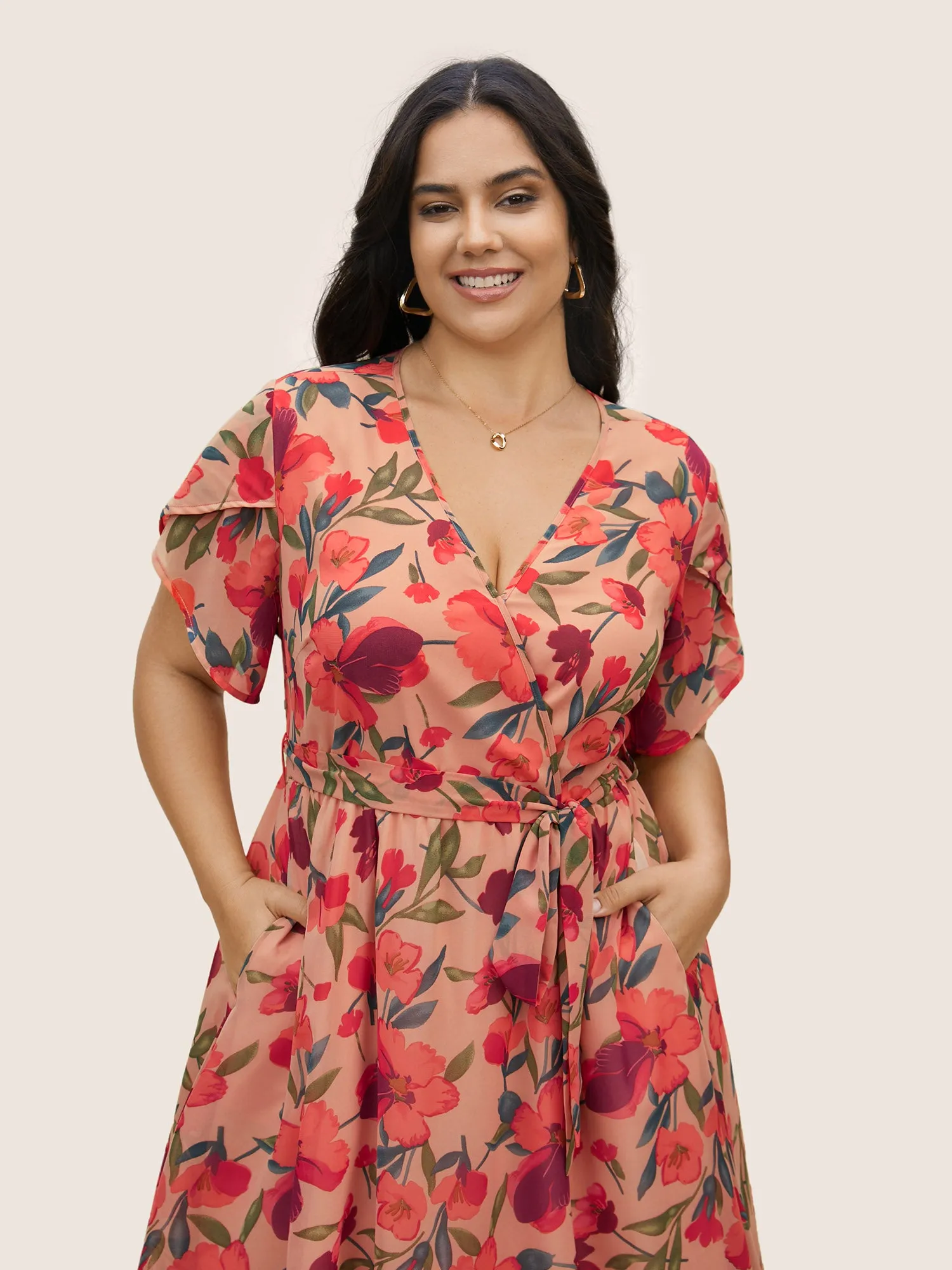 Watercolor Floral Patchwork Petal Sleeve Belted Dress sold by Bloomchic product image thumbnail 4