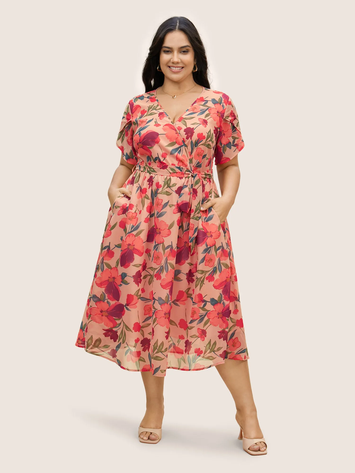 Watercolor Floral Patchwork Petal Sleeve Belted Dress sold by Bloomchic product image thumbnail 2